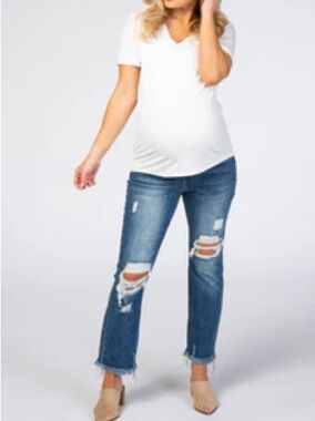 Pinkblush Medium Wash Distressed Frayed Hem Maternity Jeans